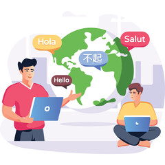 Two men communicating around the globe with diverse language greetings on a light cityscape background with soft daylight illumination © Layla