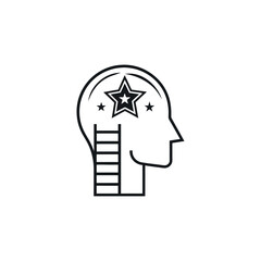 “Black line art of a human head silhouette with a small ladder inside leading to a star, symbolizing personal growth, clean outline.”