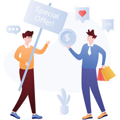 Two Men Announcing Special Offer With Dollar Sign And Shopping Bags In Minimalist Style With Soft Blue Background And Subtle Plant Accents