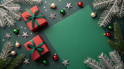Festive christmas flat lay with red gifts and green background