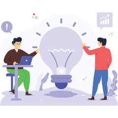 Two Men Collaborating On A Bright Idea Project Near A Large Light Bulb With A Laptop On A Table And A Growth Chart In The Background Illustrating Innovation And Teamwork