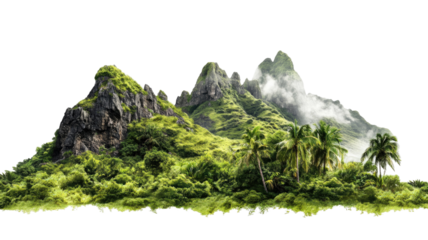 Green tall tropical mountain with lush vegetation and misty peaks showcasing dramatic natural landscape and vibrant jungle scenery isolated on white background
