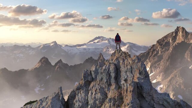 Hiker Standing on a Mountain Peak at Sunrise Over a Vast Snowy Landscape, 3D Rendered