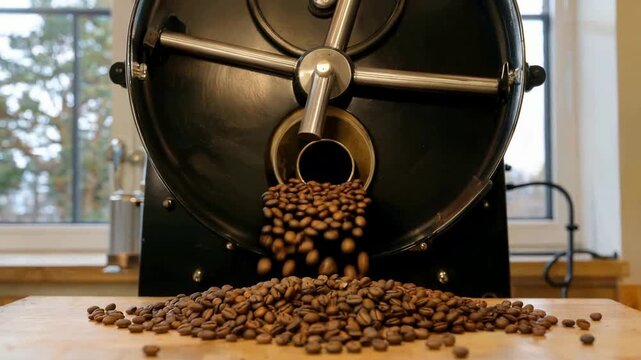 Freshly Roasted Coffee Beans Pouring from a Vintage Roaster onto a Wooden Table.