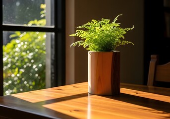 Fern in wooden pot on table with sunlight coming through window in background