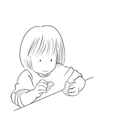 Monochrome line art illustration of a young girl peeling mandarin oranges on a table, capturing a simple and charming everyday moment 