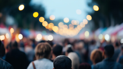 Bustling street fair crowd under festive lights, evening outdoor market atmosphere, blurred people, vibrant energy, urban celebration, social gathering, joyful mood