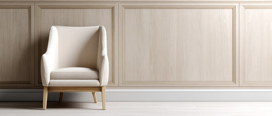 Luxury wood paneling with subtle plain color and modern armchair create calm, minimalist interior design, perfect for living room or lounge area