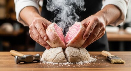 Chef preparing beetroot with dry ice, creating a visually stunning and innovative culinary presentation on a rustic wooden surface