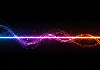 Dynamic abstract representation of digital sound frequency and musical rhythm, featuring smooth flowing waves and vibrant glowing lines across a dark backdrop ,backdrop ,volume ,dark