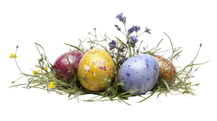 Colorful Easter eggs decorated with vibrant patterns and bright hues showcasing festive designs isolated on white background