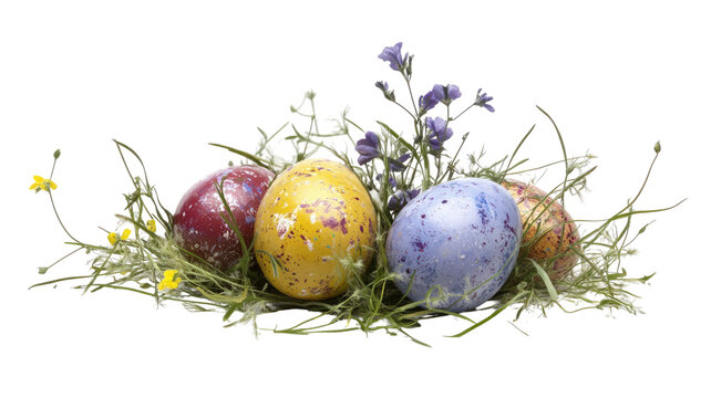 Colorful Easter eggs decorated with vibrant patterns and bright hues showcasing festive designs isolated on white background
