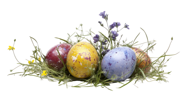 Colorful Easter eggs decorated with vibrant patterns and bright hues showcasing festive designs isolated on white background