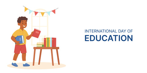 International Day of Education banner. Smiling boy holding book in classroom during International Day of Education, book symbolizes curiosity and knowledge growth