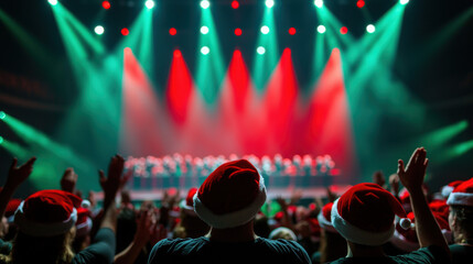 Christmas concert indoor hall stage with red green lighting, festive crowd wearing Santa hats, joyful holiday celebration atmosphere