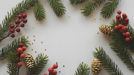 Celebrate the season with a festive arrangement of evergreen branches, red berries, and shimmering gold pinecones, adding a touch of holiday magic to your designs and creative projects