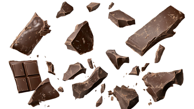 Pieces of chocolate bars scattered with rich glossy texture, broken sections, and smooth cocoa layers clearly displayed isolated on white background