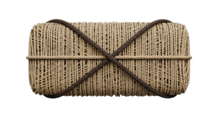 Handcrafted woven bamboo rectangular gift box with decorative rope tied cross pattern isolated on transparent background