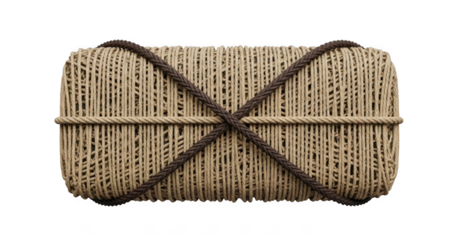 Handcrafted woven bamboo rectangular gift box with decorative rope tied cross pattern isolated on transparent background