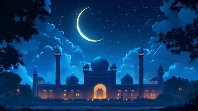 Beautiful illuminated mosque under starry night sky with glowing crescent moon above domes and minarets, peaceful atmosphere of spirituality, serenity, and divine connection in sacred architecture.