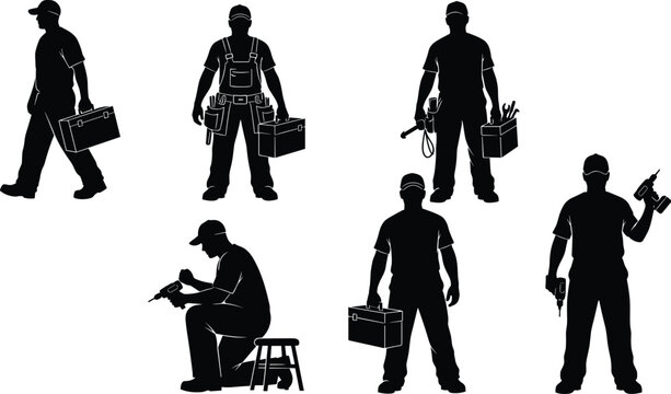 Handyman and tradesman silhouettes, seven monochrome icons of professional workers carrying toolboxes and using power drills, repair and service graphic. - Powered by Adobe