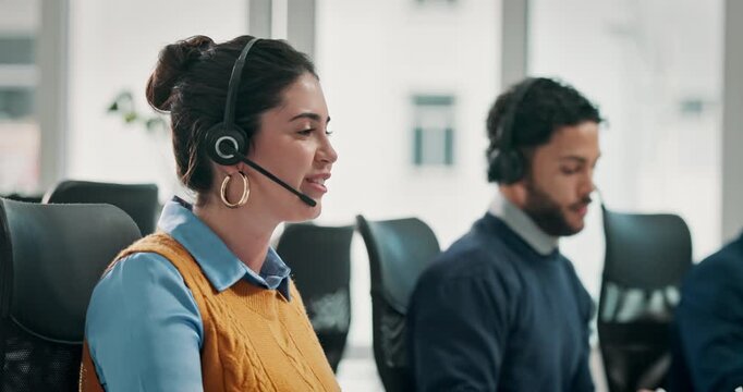 Woman, consultant and talking with headset at call center for communication, online advice or help. Female person, agent or employee with mic on technology for virtual assistance, hotline or CRM - Powered by Adobe