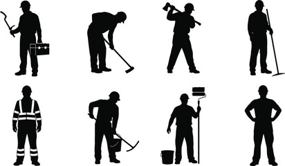 Obraz premium Industrial worker silhouettes set, eight monochrome icons of laborers with tools, hard hats, safety vest, and painter, maintenance and repair graphic.