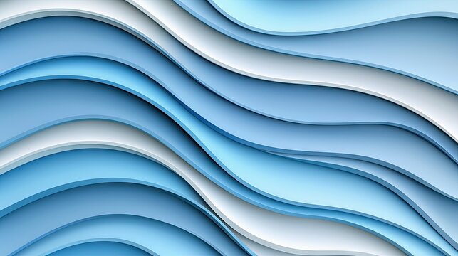 An abstract background featuring layered, wavy shapes in various shades of blue and white, creating a sense of depth and movement.