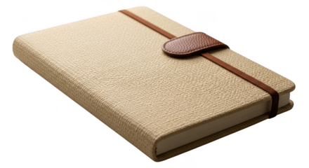 Vintage tan textured journal with leather strap closure isolated on transparent background