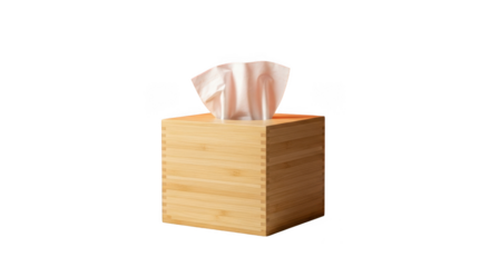 Wooden tissue box dispenser with white tissues emerging from the top isolated on transparent background