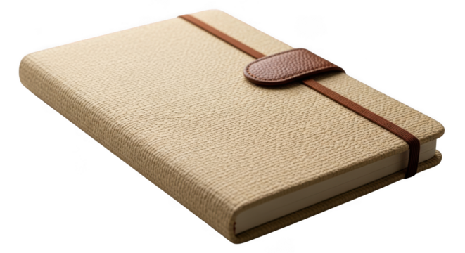 Vintage tan textured journal with leather strap closure isolated on transparent background