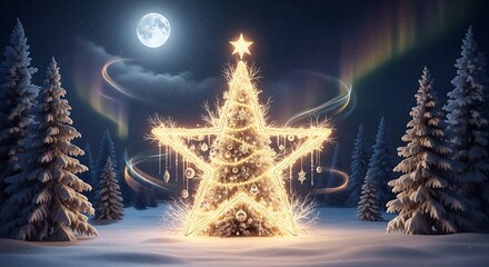 A star shaped christmas tree glows in a snowy forest under a full moon and aurora borealis