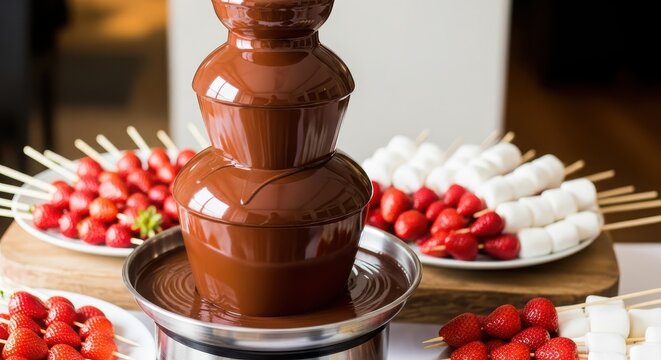 Chocolate fountain with strawberries and marshmallows on wooden boards for a party or event, a sweet and delicious treat