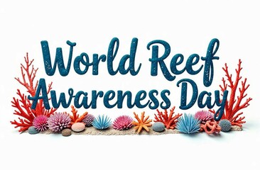 On a white background there is a large inscription World Reef Awareness Day decorated with corals and marine patterns