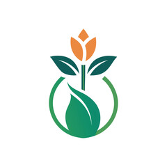 Orange flower and green leaves in a circle logo bloom blossom