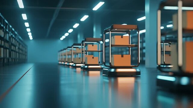 Autonomous warehouse robot fleet organizing packages across futuristic fulfillment aisles.