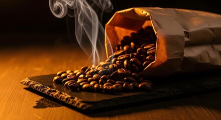 Coffee Beans Spilling from Paper Bag with Rising Steam | Premium Coffee Lover Close-Up