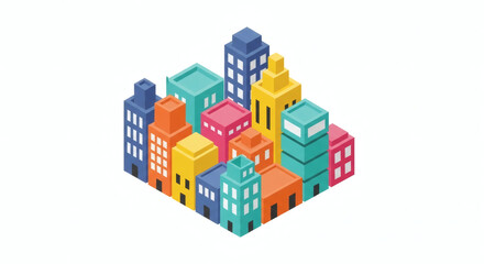 Naklejka premium Vibrant isometric city concept with diverse colorful buildings representing urban development and community growth