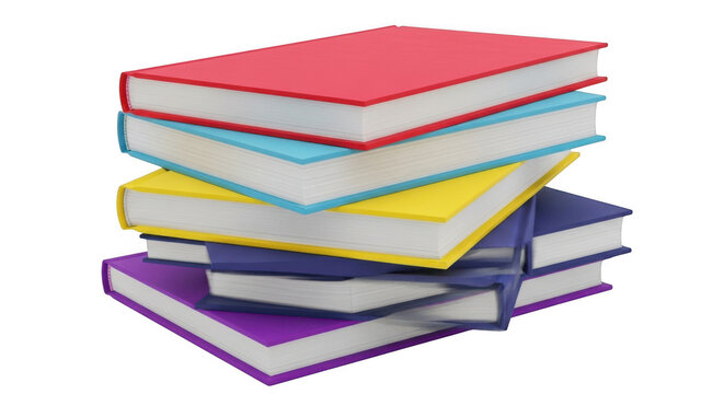 A colorful stack of open books with red blue yellow and purple covers isolated on transparent background