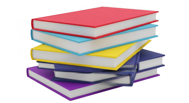 A colorful stack of open books with red blue yellow and purple covers isolated on transparent background