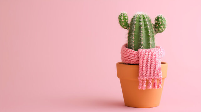 Cactus with a small knitted scarf on a pink background, concept of care, warmth and winter protection - Powered by Adobe