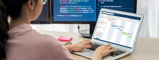 Project planning software for brisk business project management on the computer screen showing timeline chart of the team project