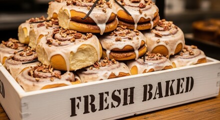 A wooden tray piled high with freshly baked cinnamon rolls, topped with icing and nuts, ready to be enjoyed by customers