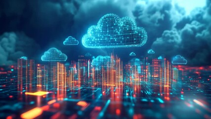 Digital futuristic cityscape with glowing holographic clouds above network grid, symbolizing cloud computing, data storage, and modern technology infrastructure in virtual digital reality. - Powered by Adobe