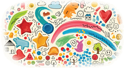 Naklejka premium Colorful assortment of various stickers including rainbow, stars, hearts, and other shapes on a white background with a playful and creative mood.