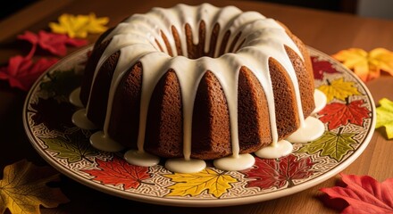 A bundt cake with white icing on a decorative plate with autumn leaves, a delightful fall dessert for any occasion