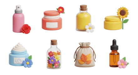 Collection of eight decorative bottles and jars with floral accents isolated on transparent background