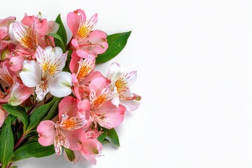 Obraz premium Pink and white alstroemeria bouquet with green leaves on a white background