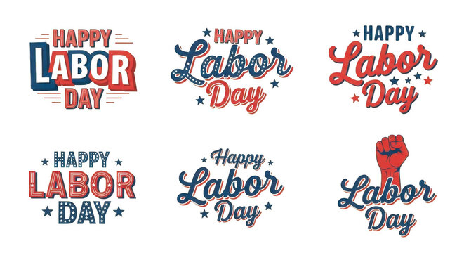 Happy labor day celebration typography designs with patriotic color schemes isolated on transparent background