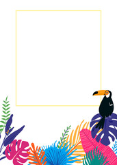 Obraz premium Gold botanical frame png with tropical leaves and toucan bird, transparent background